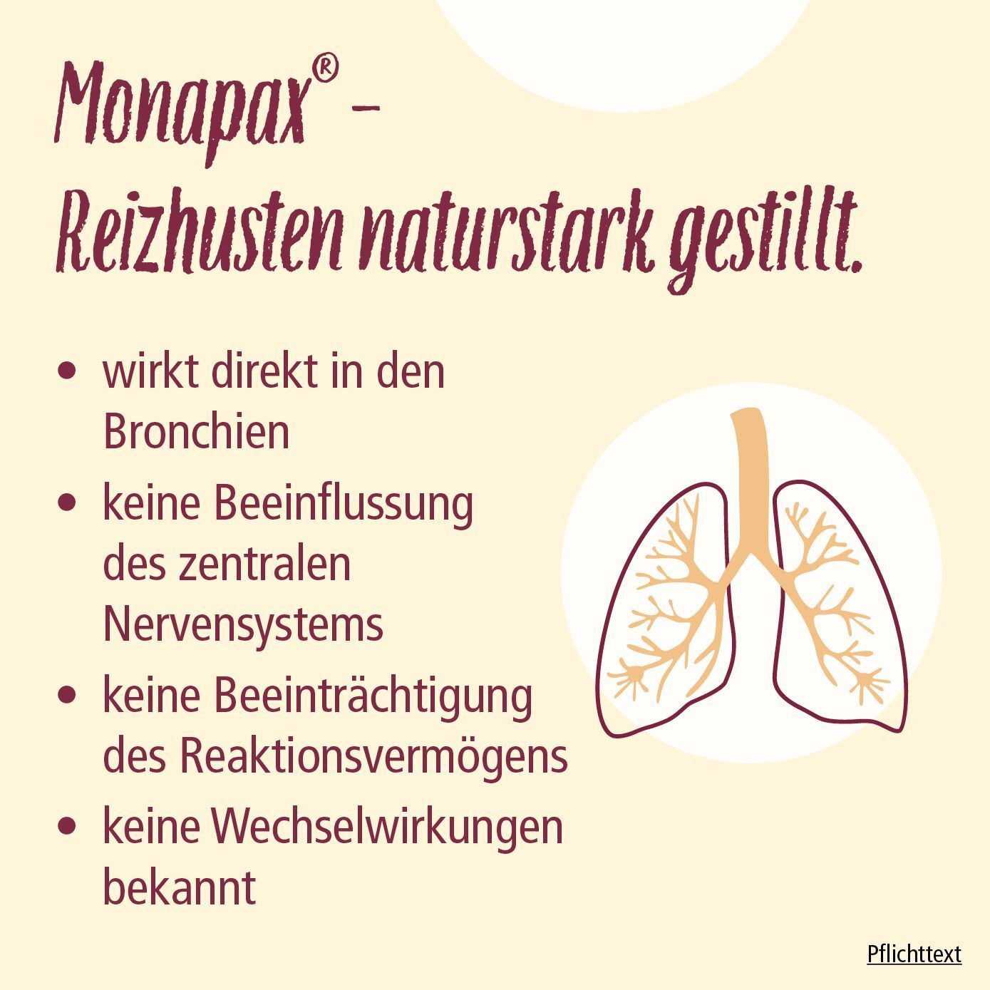 Text: Monapax - Reizhusten naturstark gestillt. Text: wirkt direkt in den Bronchien, keine Beeinflussung des Nervensystems, keine Beeinträchtigung.