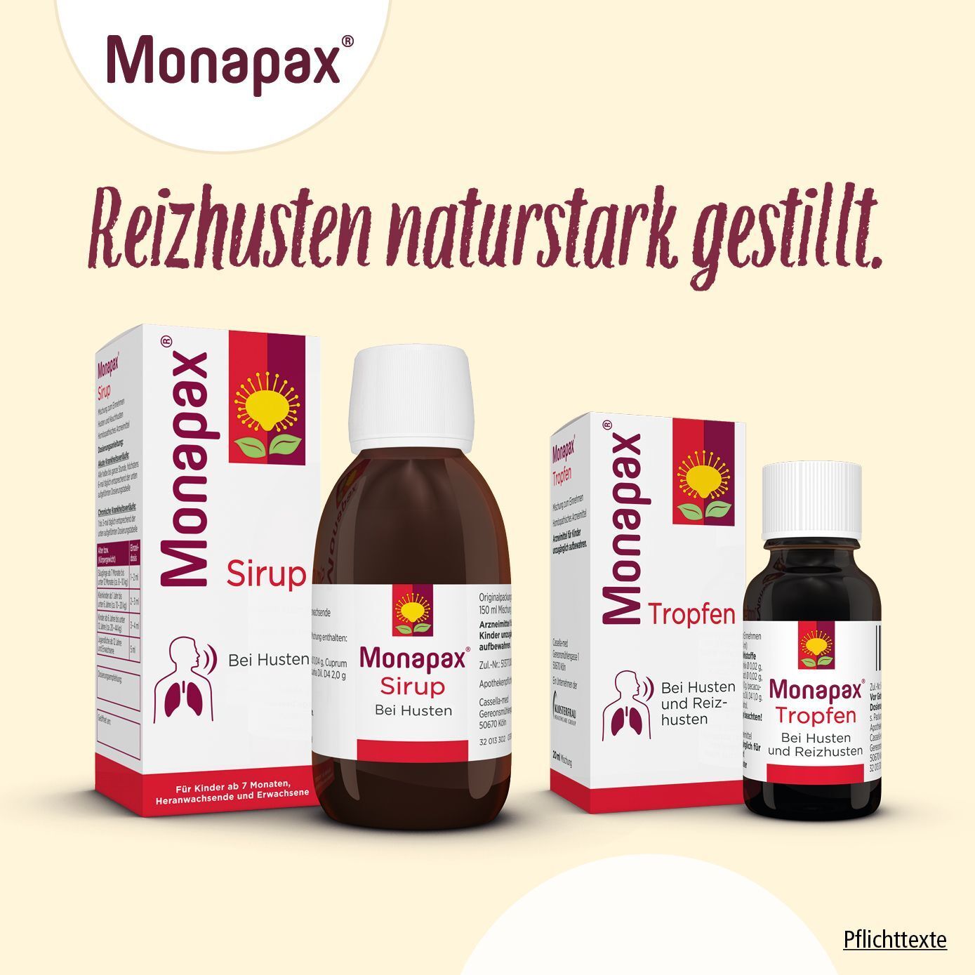 Monapax Tropfen, Sirup und Schachteln. Text: Reizhusten naturstark gestillt. Produkte mit Logo und Produktinformationen.