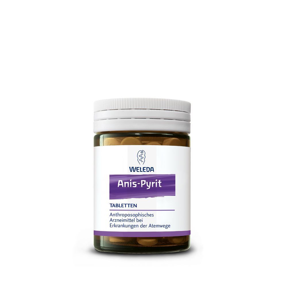 Braune Glasflasche mit weißen Deckel. Aufschrift: Anis-Pyrit Tabletten. Marke: Weleda. Anthroposophisches Arzneimittel bei Erkrankungen der Atemwege.