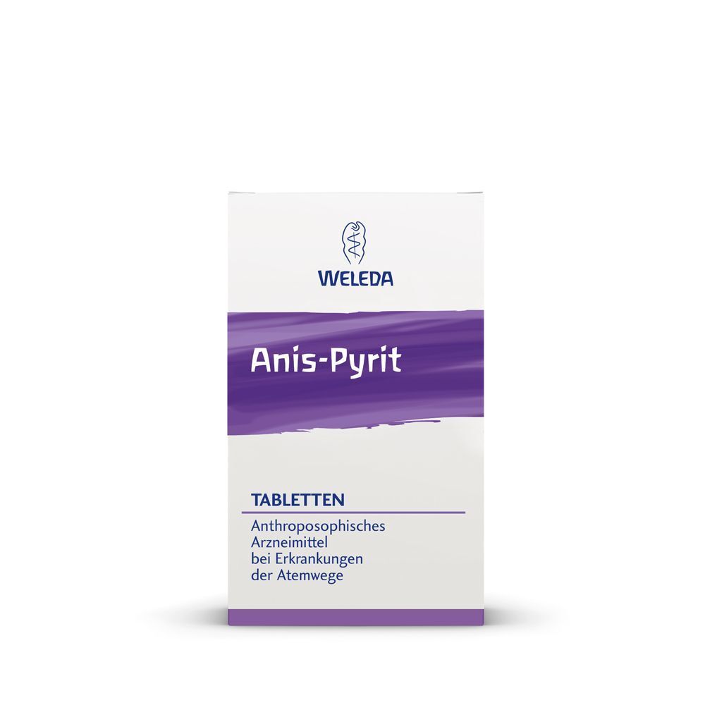 Weiße Schachtel mit lila Streifen. Aufschrift: Anis-Pyrit. Marke: Weleda. Anthroposophisches Arzneimittel bei Erkrankungen der Atemwege.