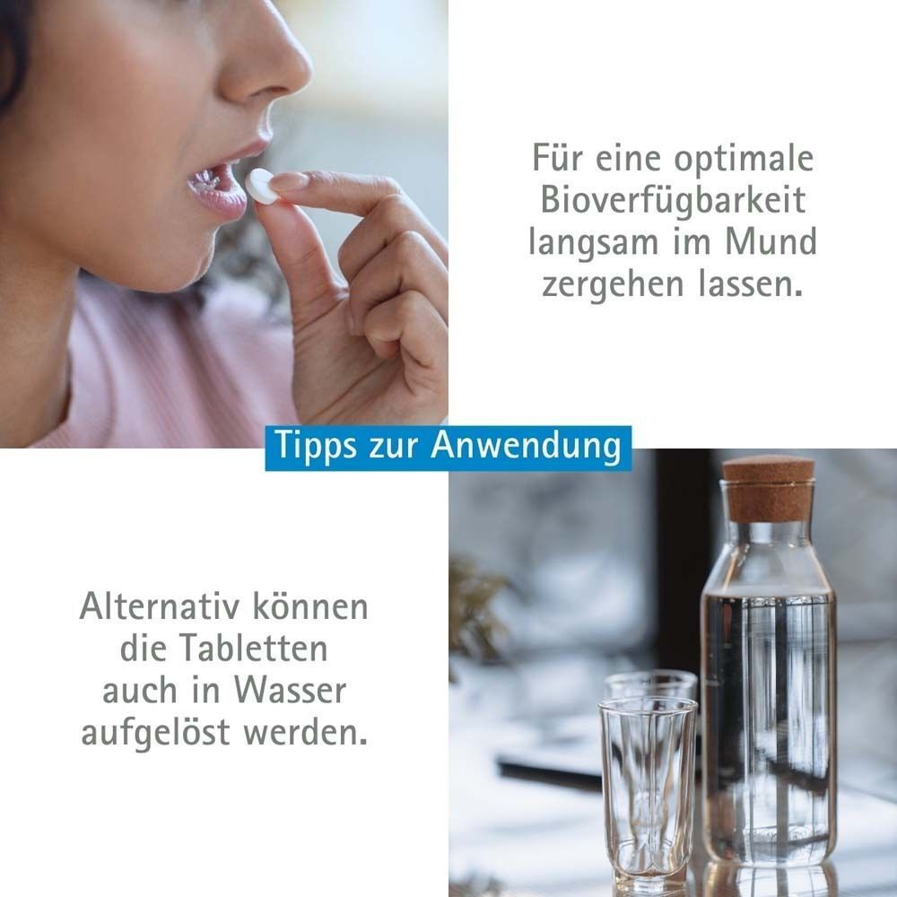 Frau nimmt Tablette ein. Text: Für optimale Bioverfügbarkeit langsam im Mund zergehen lassen. Alternativ in Wasser auflösen.