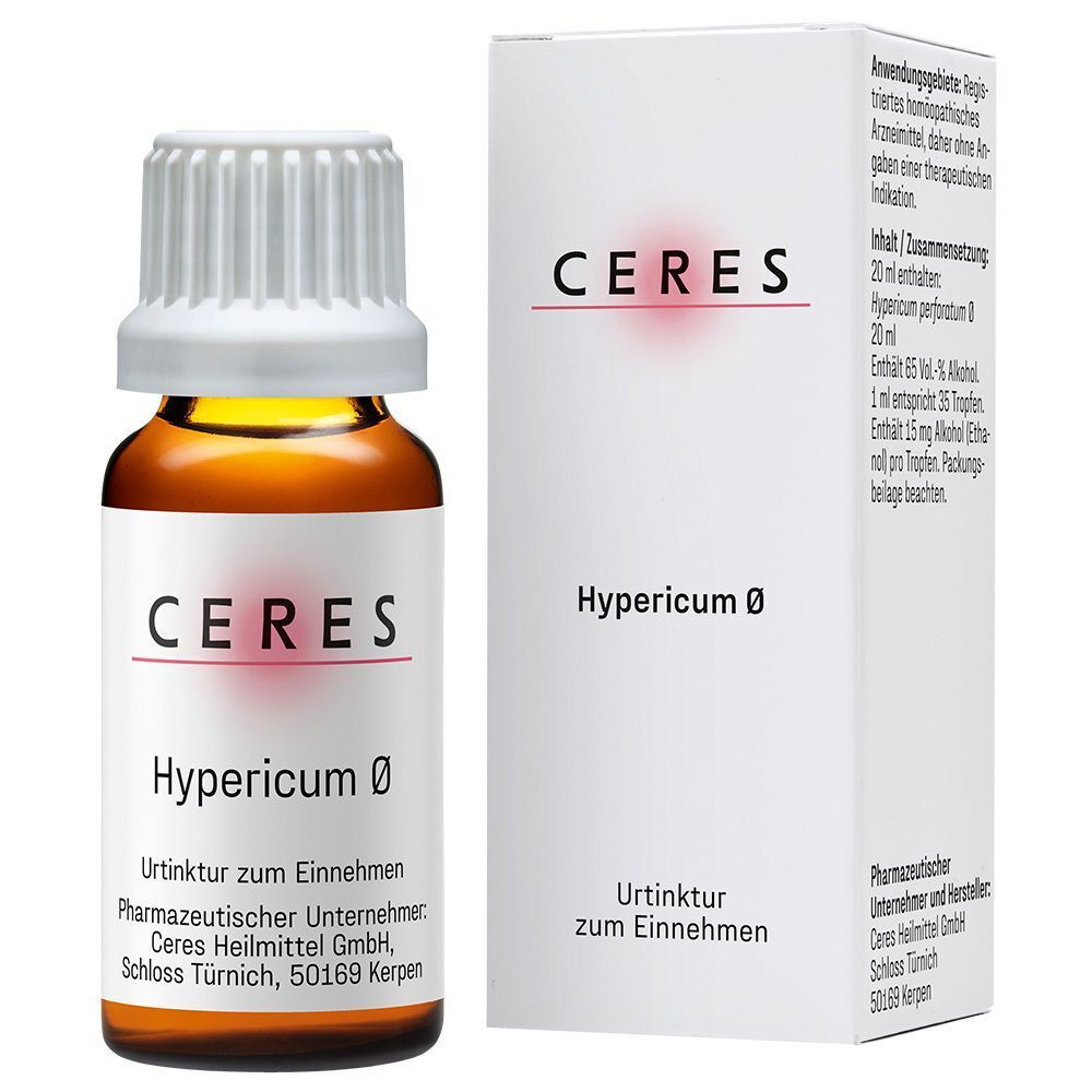 Braune Glasflasche mit weißem Verschluss und Karton. Aufschrift CERES, Hypericum 0. Urtinktur zum Einnehmen.