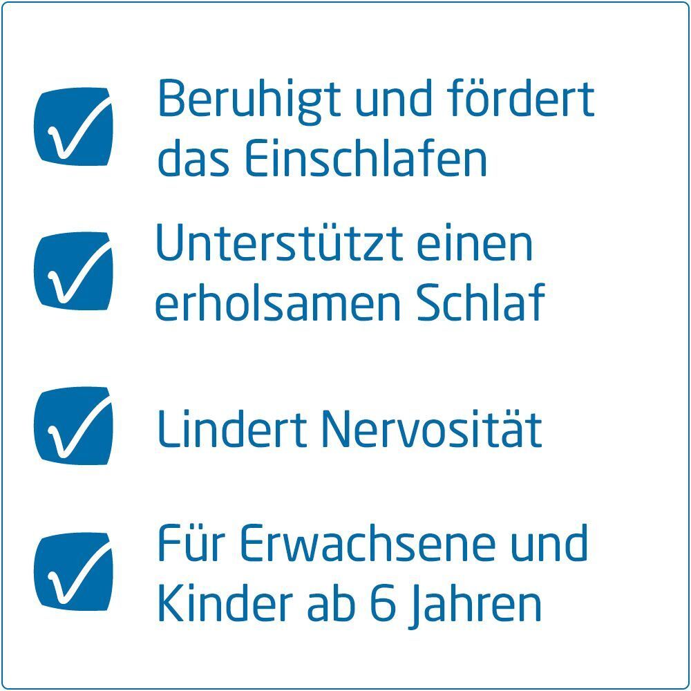 Blaue Quadrate mit weißen Häkchen und Text. Text: Beruhigt und fördert das Einschlafen, Unterstützt einen erholsamen Schlaf, Lindert Nervosität.