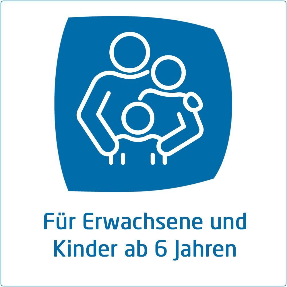 Blaues Quadrat mit weißer Familie. Text: Für Erwachsene und Kinder ab 6 Jahren.