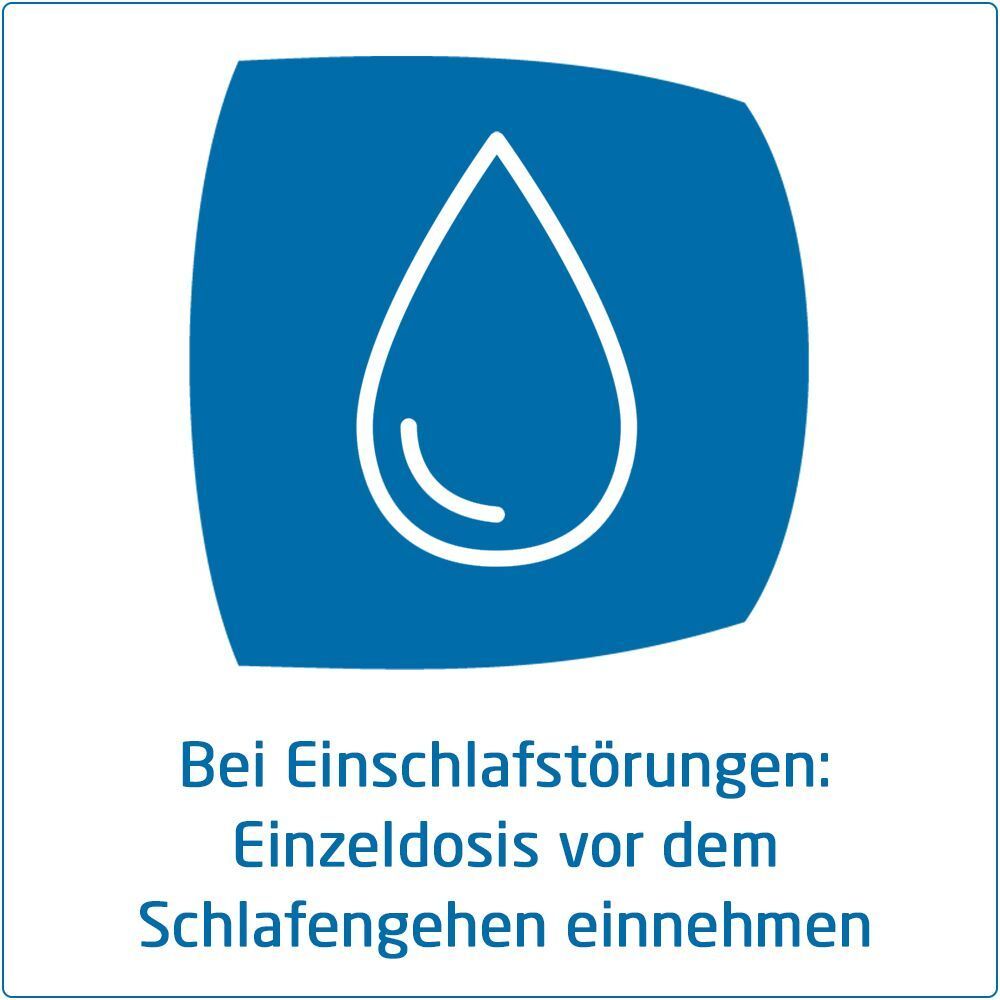 Blaues Quadrat mit Tropfen. Text: Bei Einschlafstörungen: Einzeldosis vor dem Schlafengehen einnehmen.