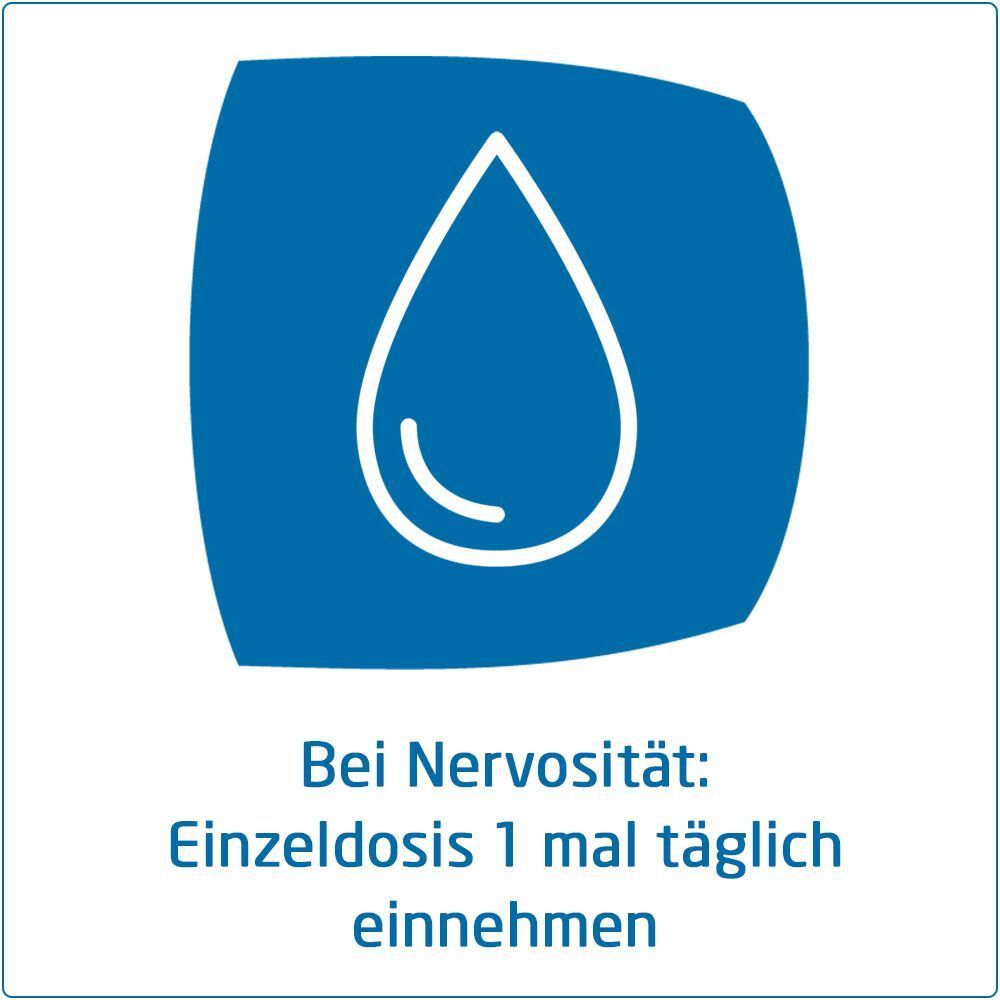 Blaues Quadrat mit Tropfen. Text: Bei Nervosität: Einzeldosis 1 mal täglich einnehmen.