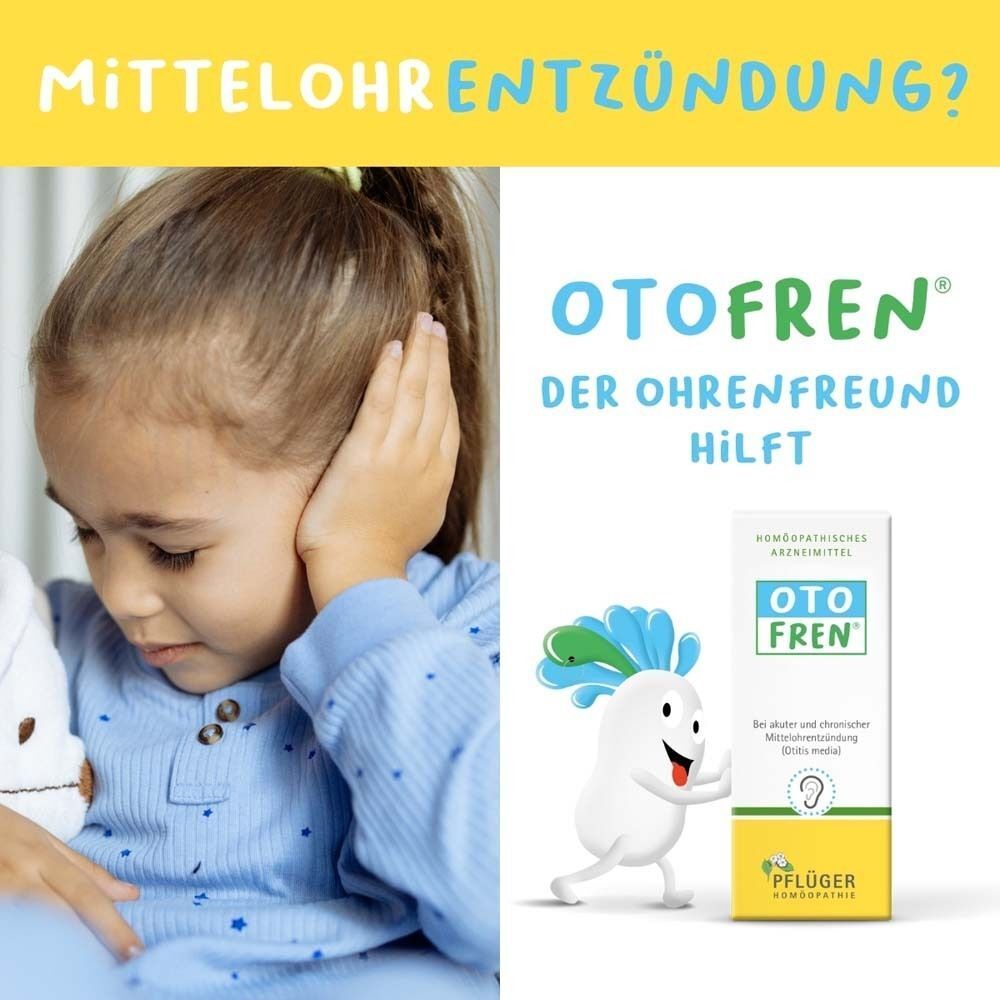 Kind hält sich Ohr. Otofren®-Verpackung mit Illustration. Text: Mittelohrentzündung? Der Ohrenfreund hilft.