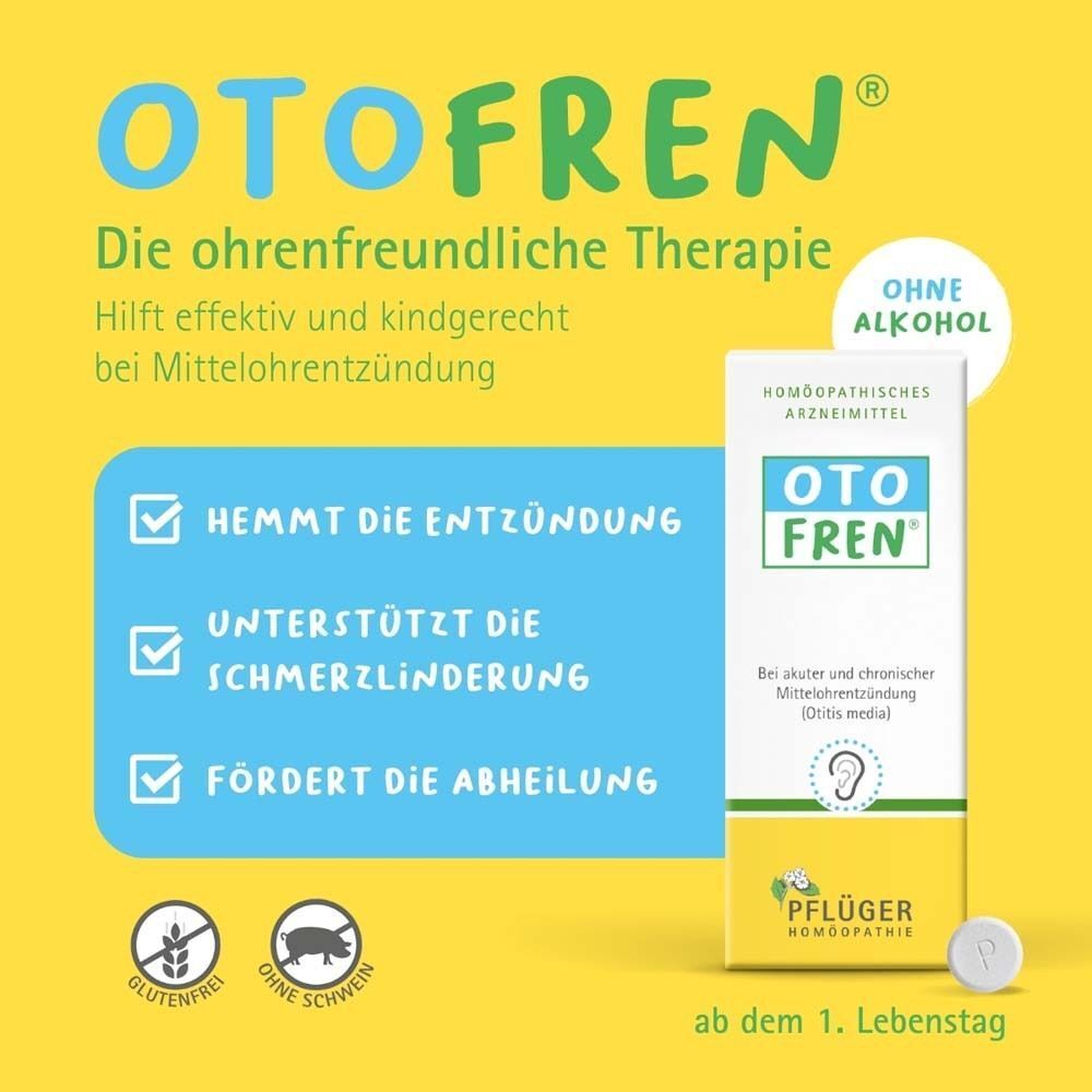 Otofren®-Verpackung. Text: Die ohrenfreundliche Therapie. Hemmt die Entzündung, unterstützt die Schmerzlinderung, fördert die Abheilung.