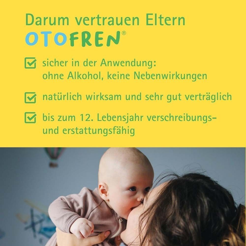 Mutter und Baby. Text: Darum vertrauen Eltern Otofren®. Sicher in der Anwendung: ohne Alkohol, keine Nebenwirkungen.