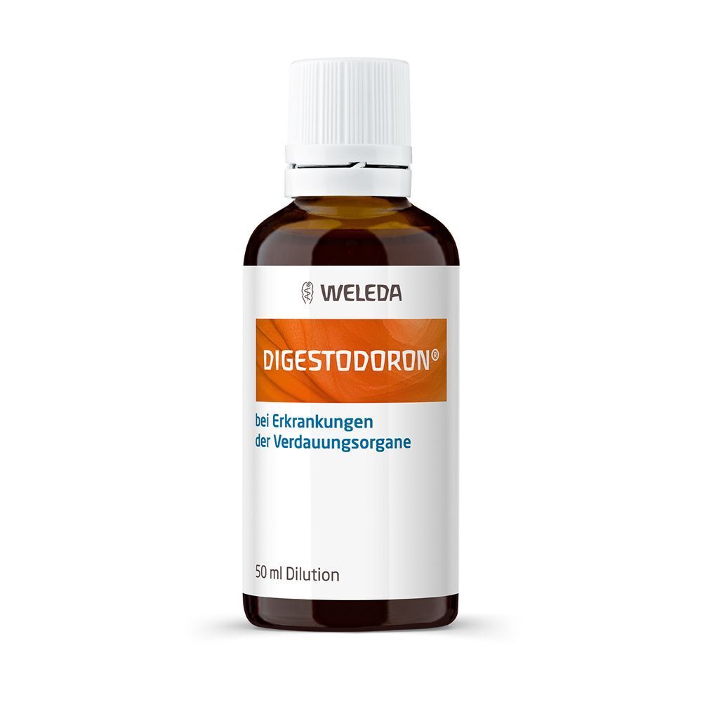 Braune Glasflasche mit weißem Deckel. Aufschrift: DIGESTODORON® bei Erkrankungen der Verdauungsorgane. Marke: WELEDA.
