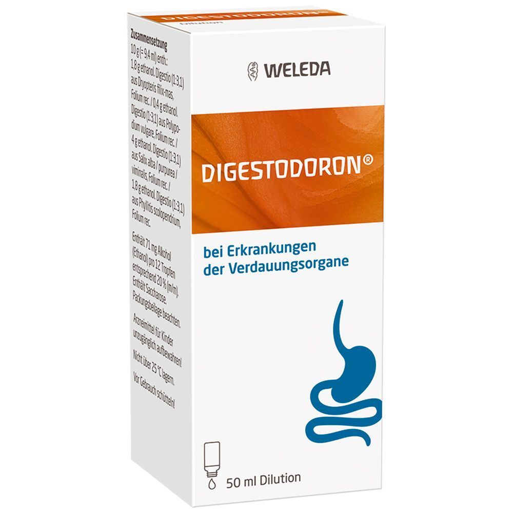 Verpackung mit Aufschrift: DIGESTODORON® bei Erkrankungen der Verdauungsorgane. Marke: WELEDA. Abbildung eines Magens.