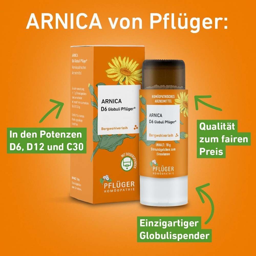 Produktverpackung und Flasche Arnica D6 Globuli Pflüger®. Pfeile zeigen auf Produktmerkmale und Informationen.