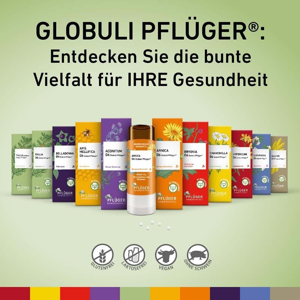 Verschiedene Globuli Pflüger® Produkte. Flasche Arnica D6 Globuli Pflüger® im Zentrum. Logos für Allergiker.