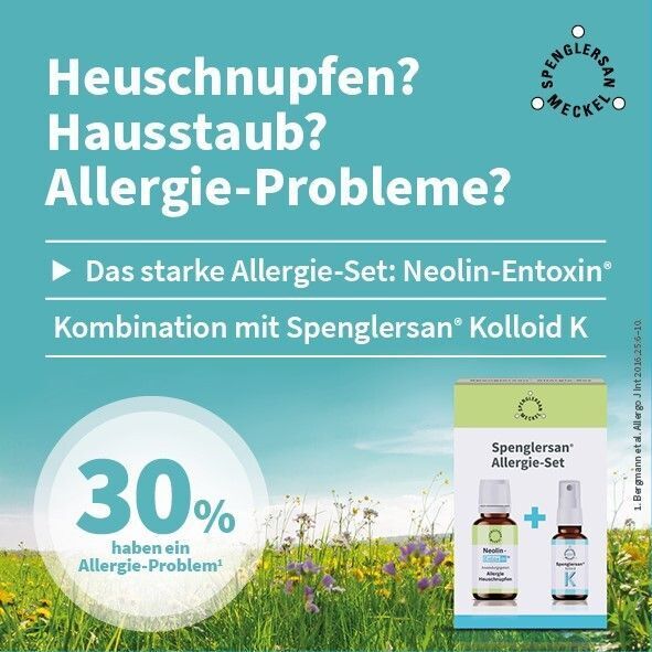 Werbung für Spenglersan® Allergie-Set. Gezeigt werden eine Packung mit Flaschen und ein Text über Heuschnupfen, Hausstaub und Allergie-Probleme.