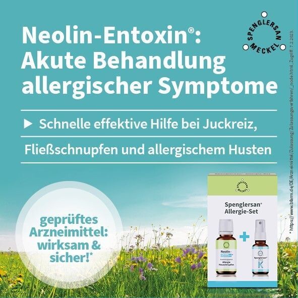 Werbung für Spenglersan® Allergie-Set. Text über Neolin-Entoxin® zur Behandlung allergischer Symptome. Gezeigt wird eine Packung mit Flaschen.