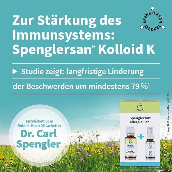 Werbung für Spenglersan® Allergie-Set. Text über Spenglersan® Kolloid K zur Stärkung des Immunsystems. Gezeigt wird eine Packung mit Flaschen.