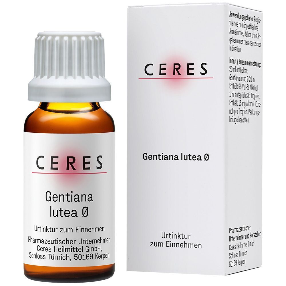 Braune Glasflasche und weiße Verpackung. Aufschrift CERES, Gentiana lutea 0, Urtinktur zum Einnehmen. Text auf Verpackung.