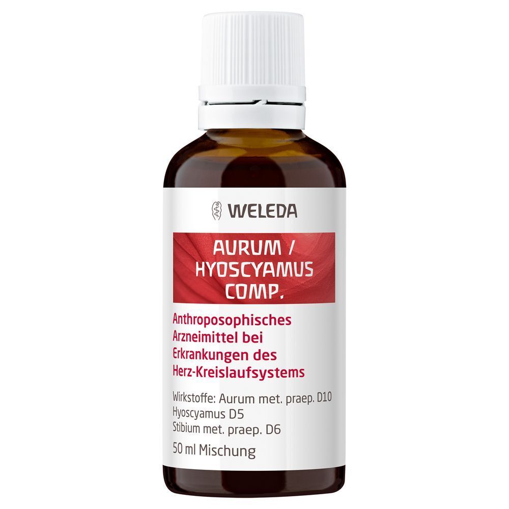 Flasche Aurum/Hyoscyamus Comp. mit weißem Etikett und rotem Streifen. 50 ml Mischung. Braune Flüssigkeit in Glasflasche.