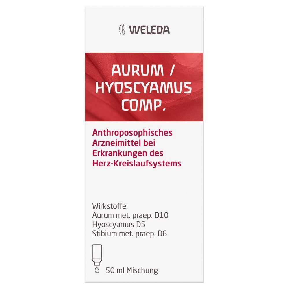 Verpackung Aurum/Hyoscyamus Comp. mit weißem Etikett und rotem Streifen. 50 ml Mischung. Tropfensymbol.