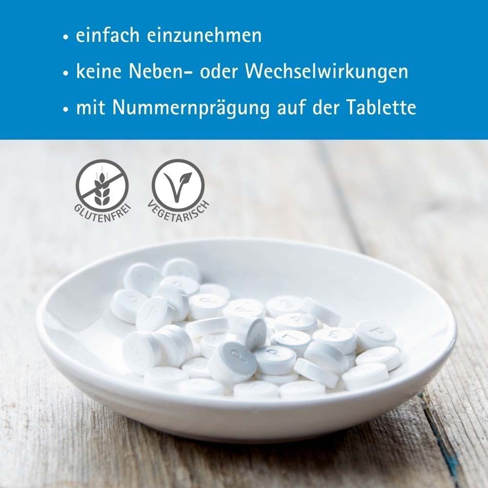 Weiße Tabletten in einer Schale. Text: einfach einzunehmen, keine Nebenwirkungen, mit Nummernpraegung. Glutenfrei und vegetarisch.