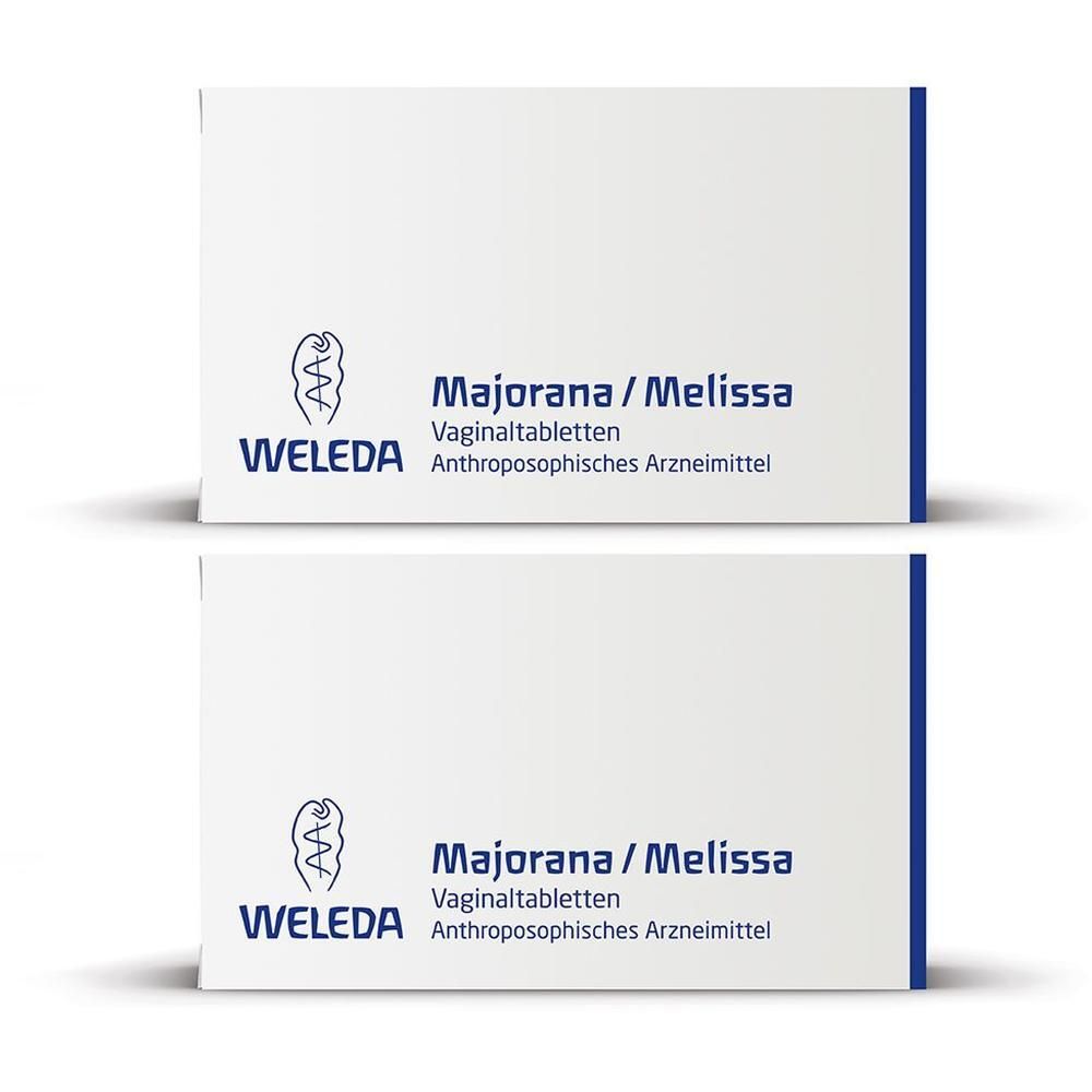 Zwei weiße Schachteln mit blauer Seitenkante. Aufschrift: Majorana / Melissa Vaginaltabletten, WELEDA.