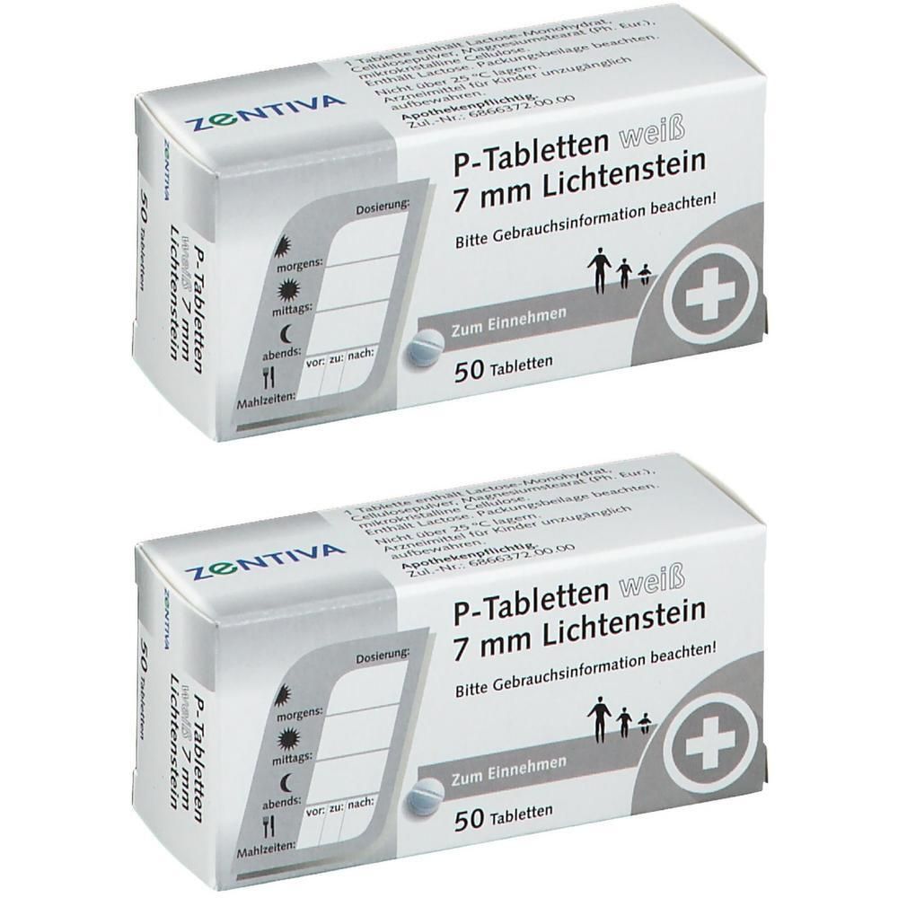 Zwei Schachteln P-Tabletten weiß 7 mm Lichtenstein. Aufschrift: ZENTIVA, 50 Tabletten, Zum Einnehmen. Mit Kreuz-Symbol.