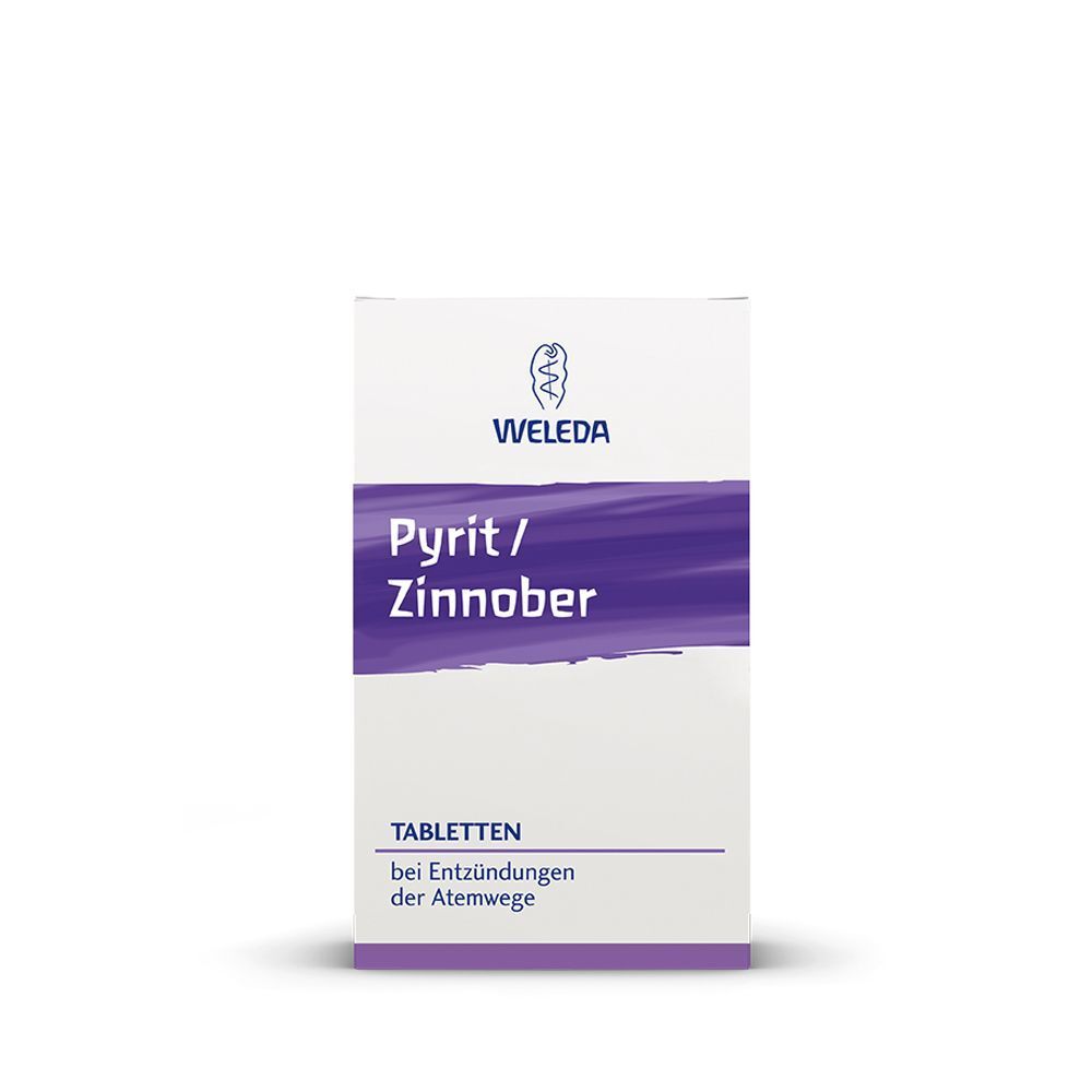 Weiße Schachtel mit lila Etikett, Produktnamen Pyrit / Zinnober und Marke Weleda. Text: Tabletten bei Entzündungen der Atemwege.