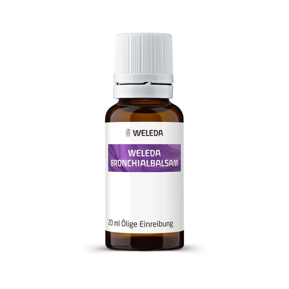 Braune Glasflasche mit weißem Deckel. Aufschrift: WELEDA Bronchialbalsam. 20 ml ölige Einreibung.