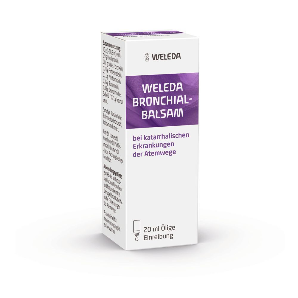 Weiße Verpackung mit Aufschrift: WELEDA Bronchialbalsam. 20 ml ölige Einreibung. Bei katarrhalischen Erkrankungen der Atemwege.