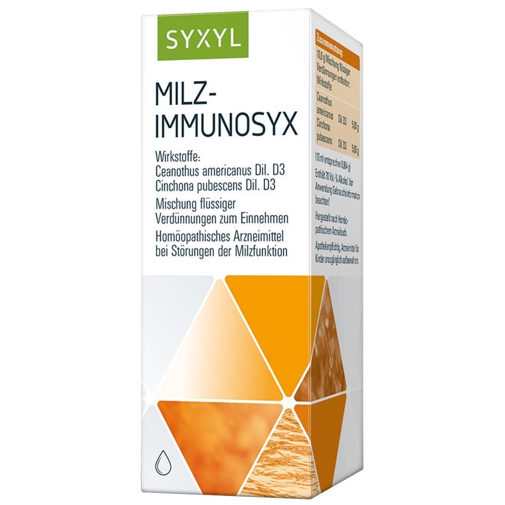 Weißer Karton mit orangefarbenen Akzenten. Aufdruck: SYXYL, MILZ-IMMUNOSYX, Wirkstoffe, homöopathisches Arzneimittel.