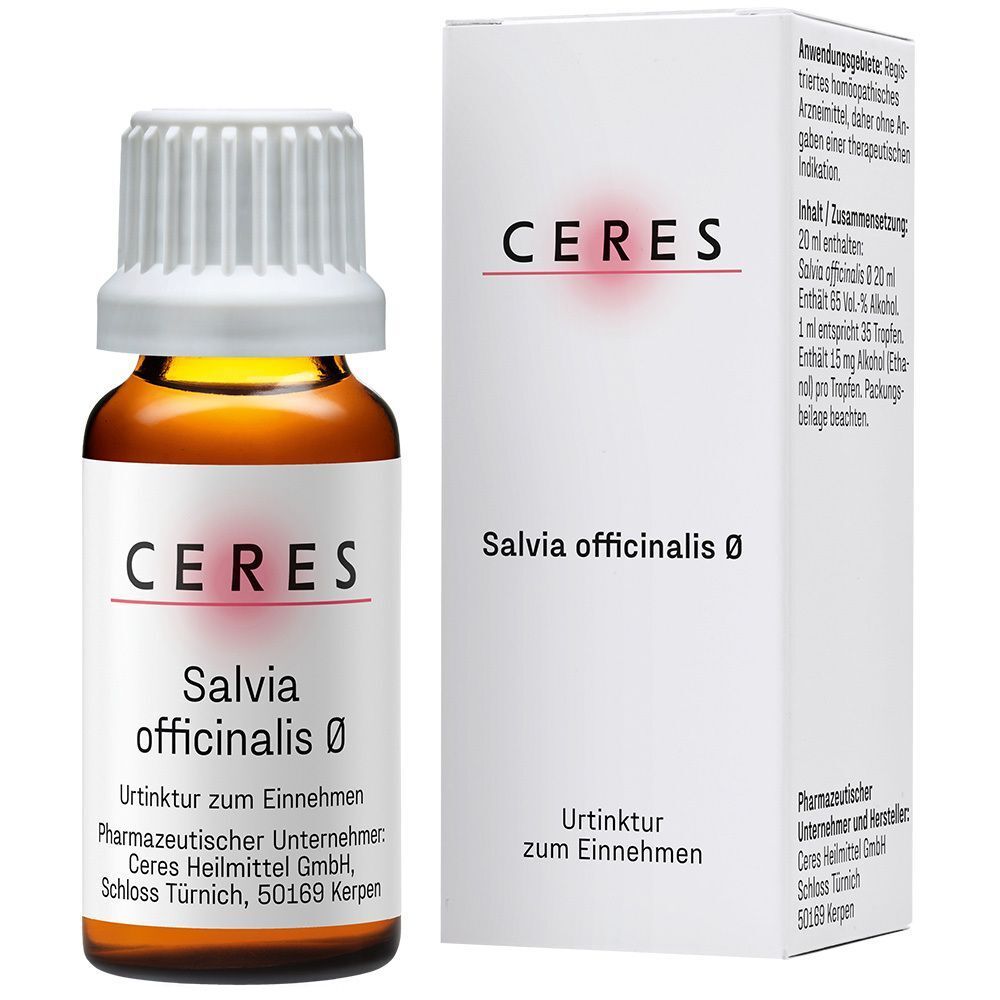 Braune Glasflasche und Karton. Aufschrift CERES und Salvia officinalis. Urtinktur zum Einnehmen. Weißer Karton.