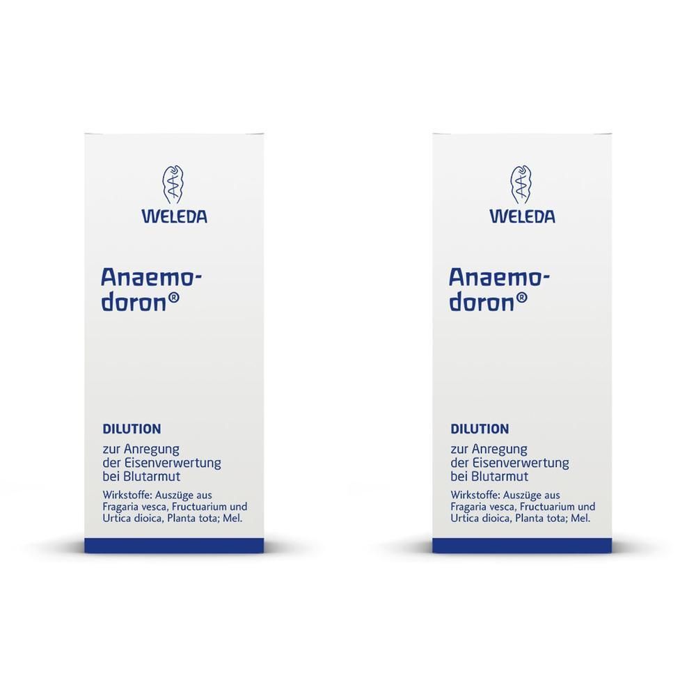 Zwei weiße Kartons mit dem Produktnamen Anaemodoron® und dem Logo von WELEDA. Text: Dilution zur Anregung der Eisenverwertung.