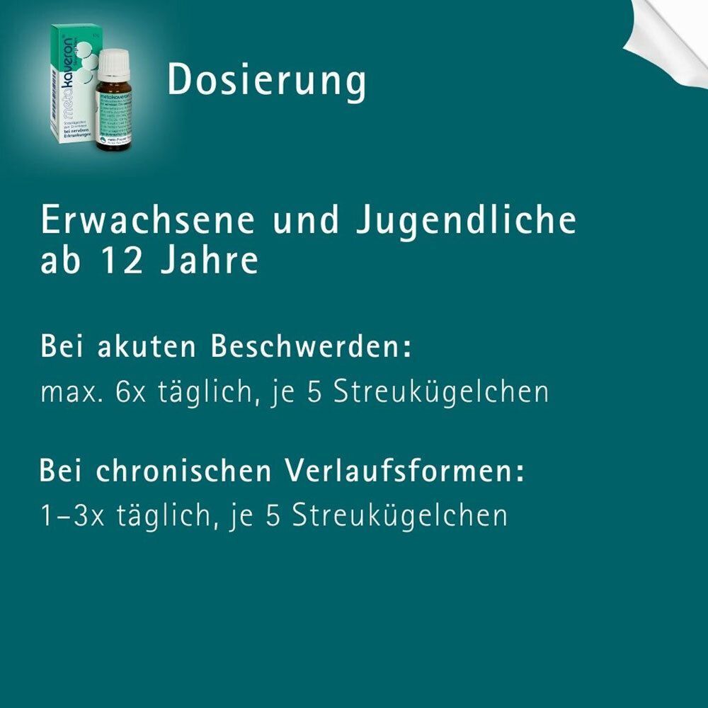 Dosierungsanleitung für Erwachsene und Jugendliche ab 12 Jahren: Akut: max. 6x täglich, 5 Streukügelchen. Chronisch: 1-3x täglich, 5 Streukügelchen.