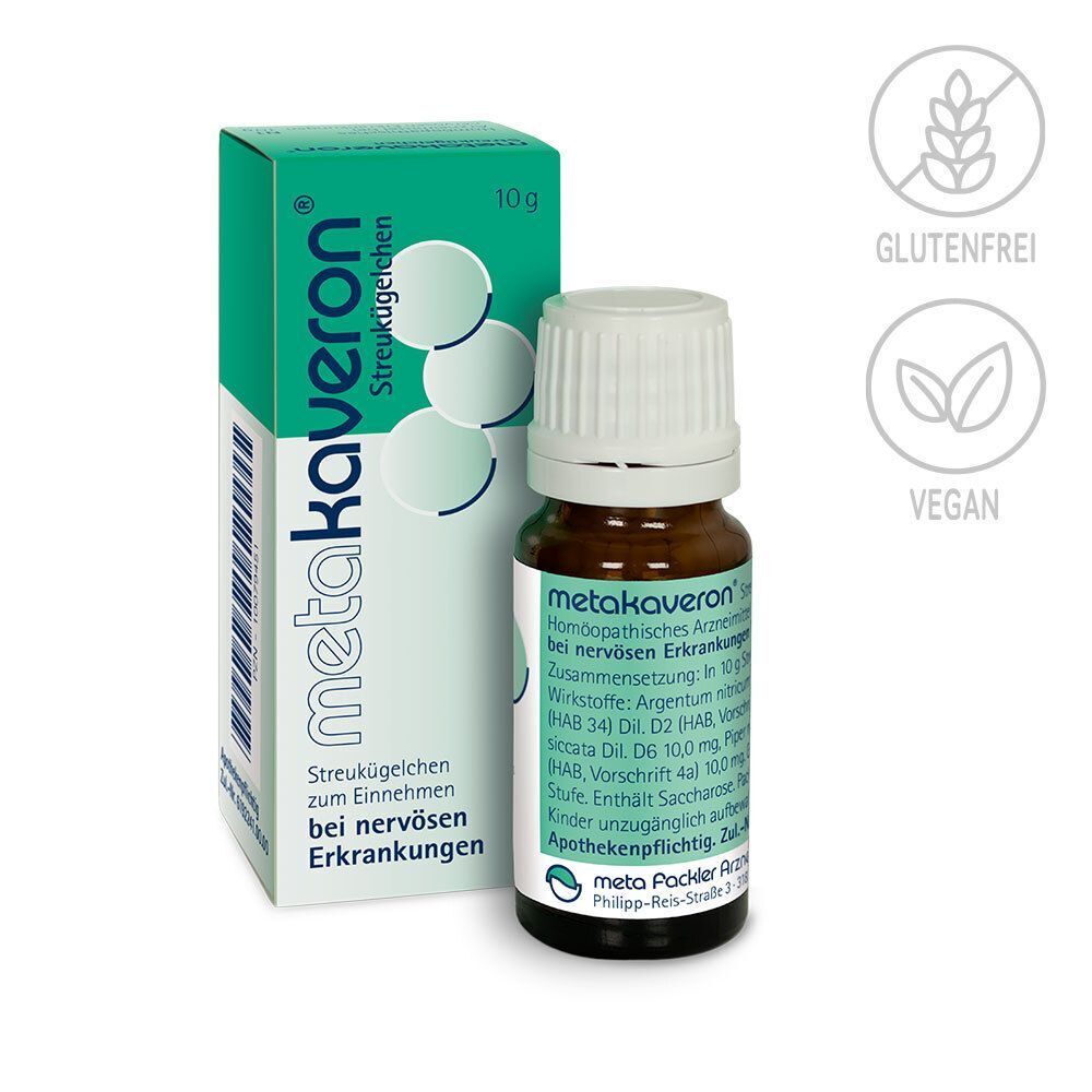 Metakaveron Streukügelchen 10g Fläschchen und Karton. Glutenfrei, vegan.