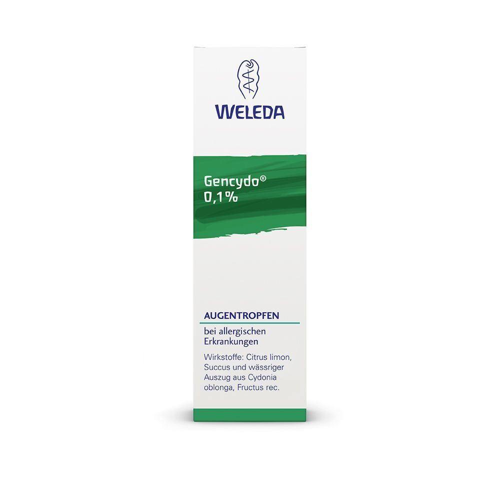 Eine weiße Produktverpackung mit grünen Akzenten. Auf der Verpackung steht "Weleda" und "Gencydo 0,1%".