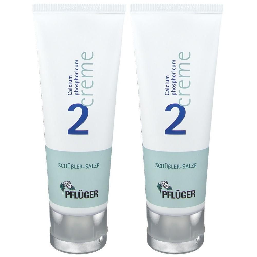 Zwei Tuben Creme. Aufschrift: Calcium phosphoricum, Nr. 2, Schüßler-Salze, Pflüger. Weiße Tube mit blauem Aufdruck.