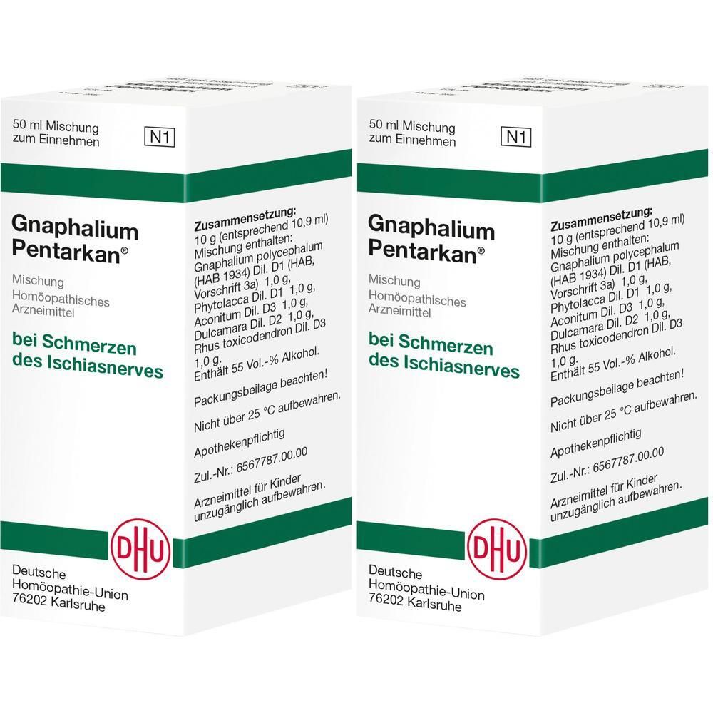 Zwei weiße Kartons mit grünen Akzenten. Aufschrift: Gnaphalium Pentarkan, Mischung, bei Schmerzen des Ischiasnerves. DHU-Logo.