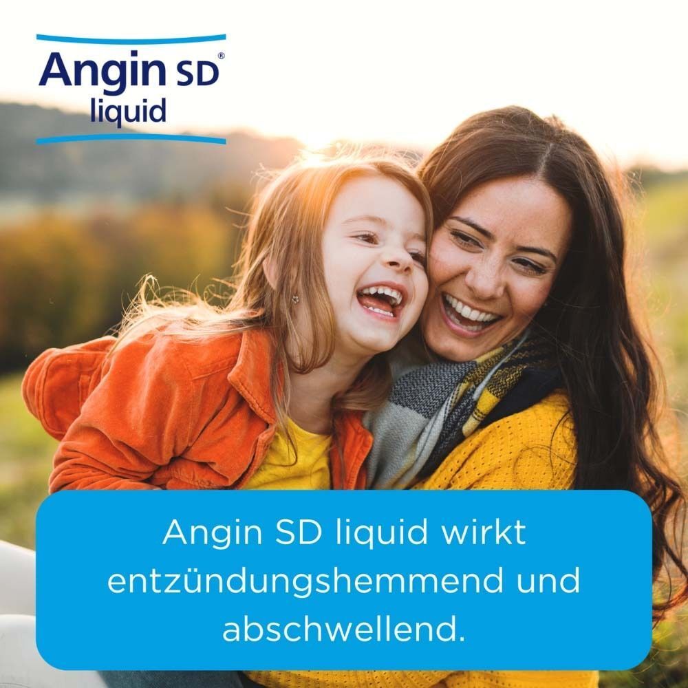 Mutter und Kind lachen. Text: Angin SD liquid wirkt entzündungshemmend und abschwellend. Logo: Angin SD liquid.