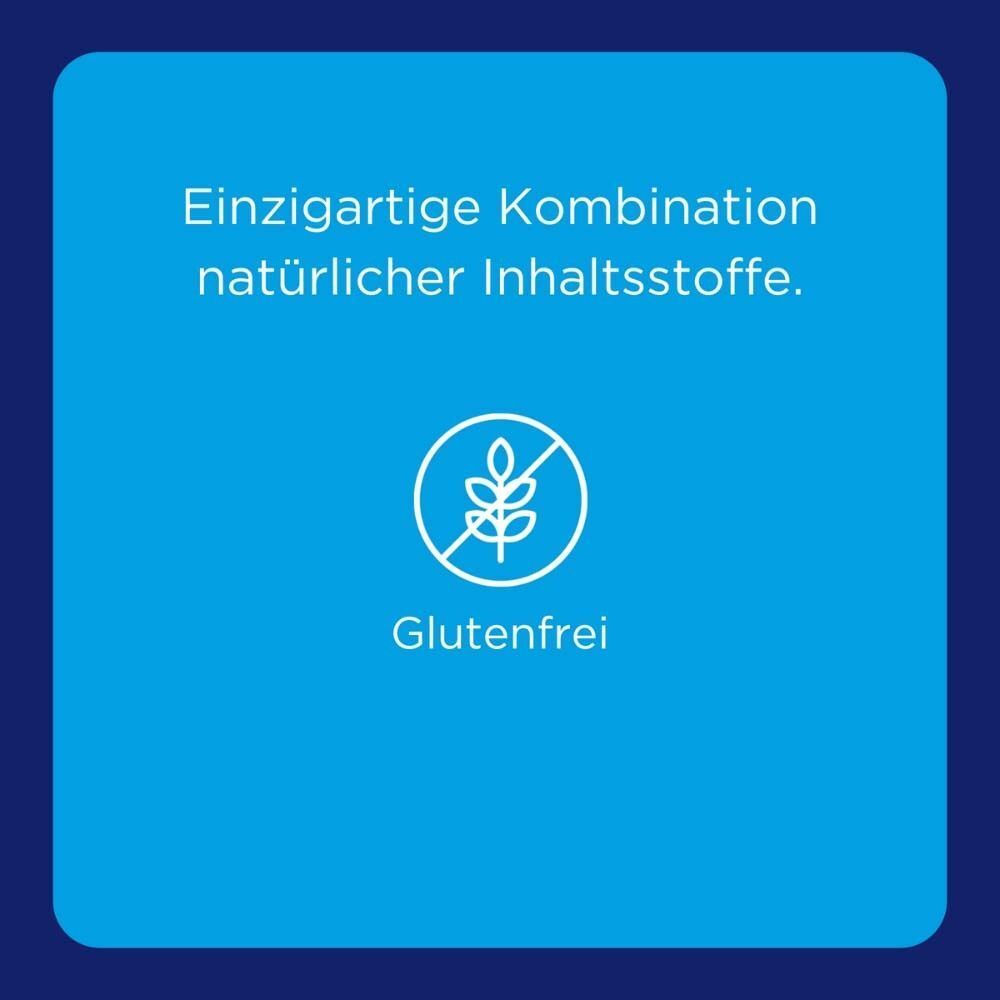Blauer Hintergrund mit weißem Text und Symbol. Text: Einzigartige Kombination natürlicher Inhaltsstoffe. Glutenfrei.