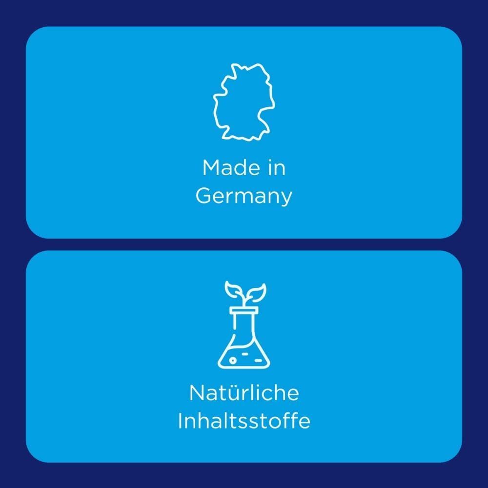 Blauer Hintergrund mit weißem Text und Symbolen. Text: Made in Germany. Natürliche Inhaltsstoffe.
