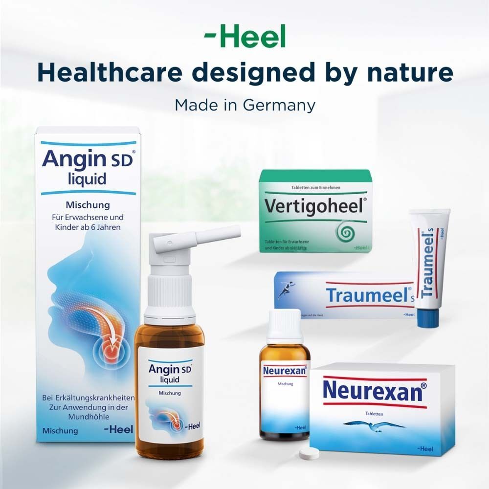 Verschiedene Produkte, darunter Angin SD liquid, Vertigoheel, Traumeel, Neurexan. Text: Healthcare designed by nature. Made in Germany.