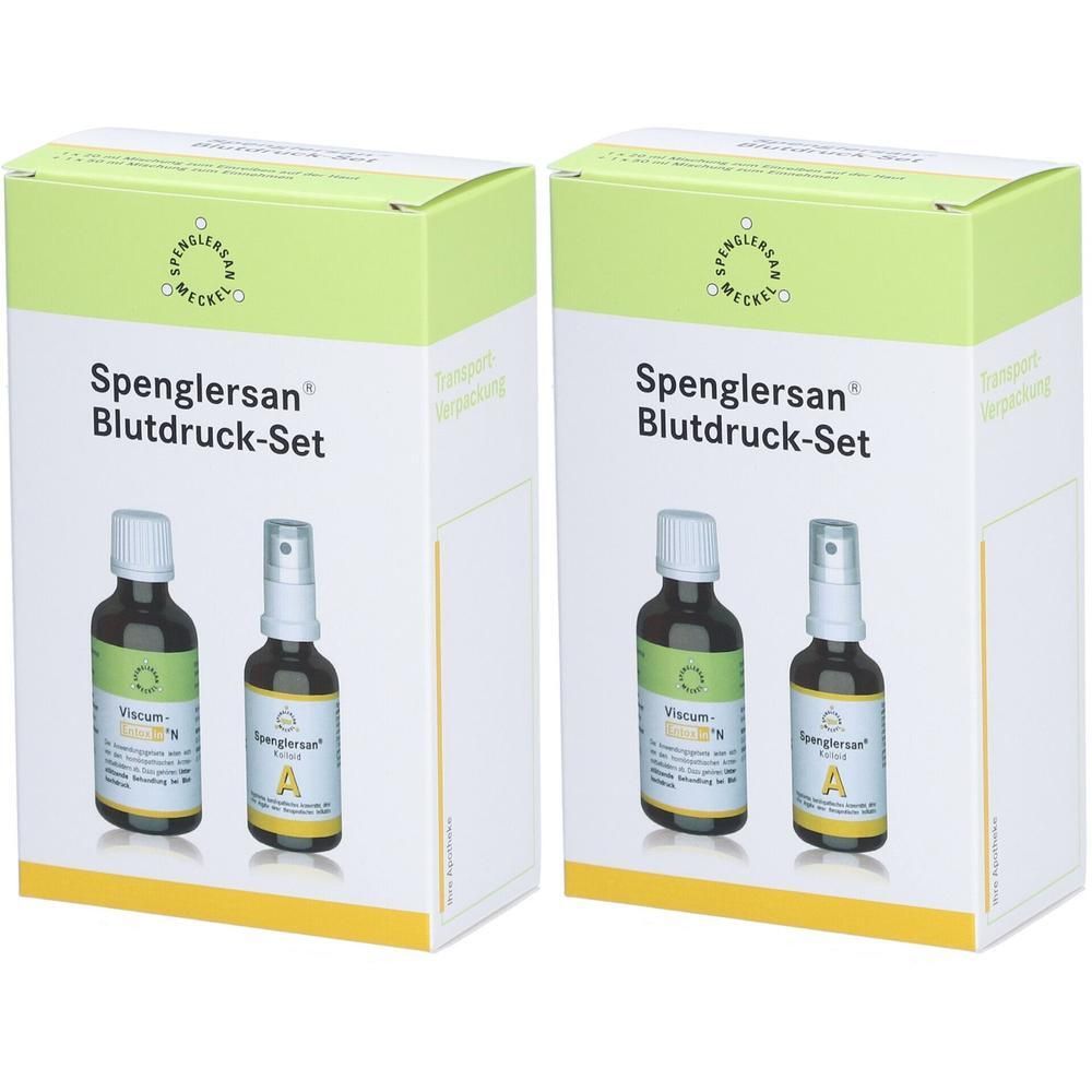 Zwei Kartons mit Spenglersan Blutdruck-Set. Jede Packung enthält zwei Flaschen. Aufschrift: Spenglersan Blutdruck-Set.