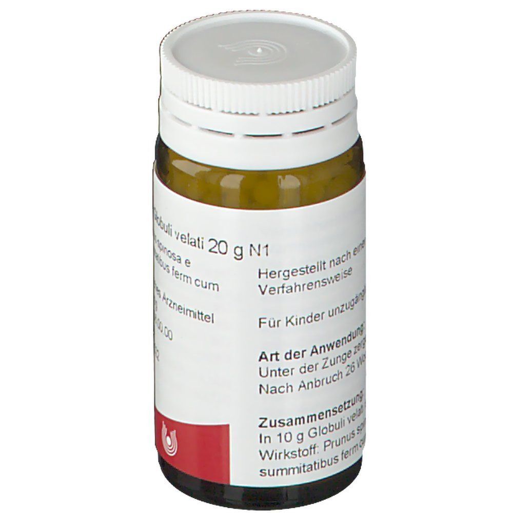 Wala® Prunuseisen Globuli Flasche. Braunglasflasche mit weißem Deckel und Etikett. Text: 20 g N1.