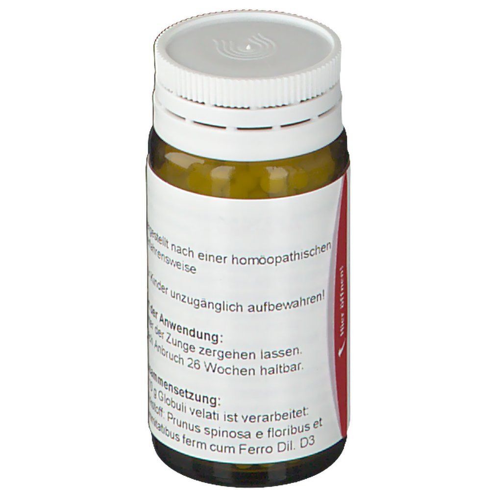 Wala® Prunuseisen Globuli Flasche. Braunglasflasche mit weißem Deckel und Etikett. Roter Streifen mit Text.
