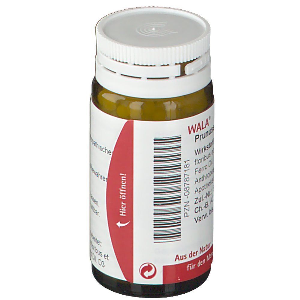 Wala® Prunuseisen Globuli Flasche. Braunglasflasche mit weißem Deckel und Etikett. Roter Streifen mit Pfeil.