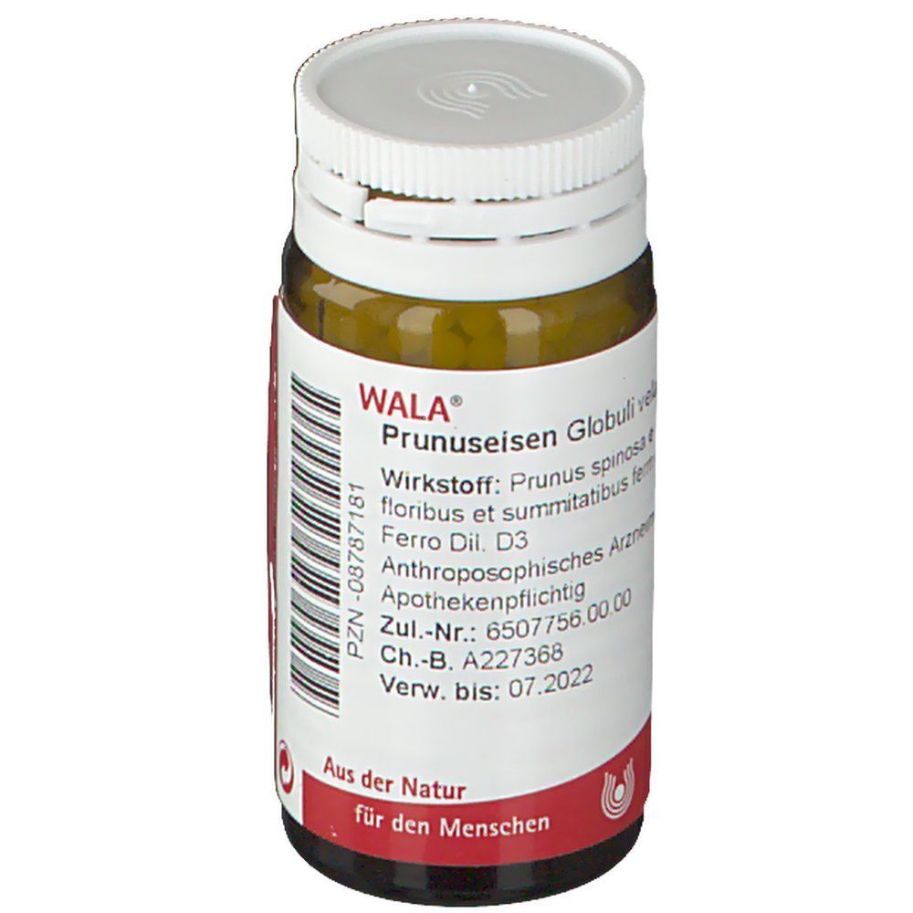 Wala® Prunuseisen Globuli Flasche. Braunglasflasche mit weißem Deckel und Etikett. Text und Logo.