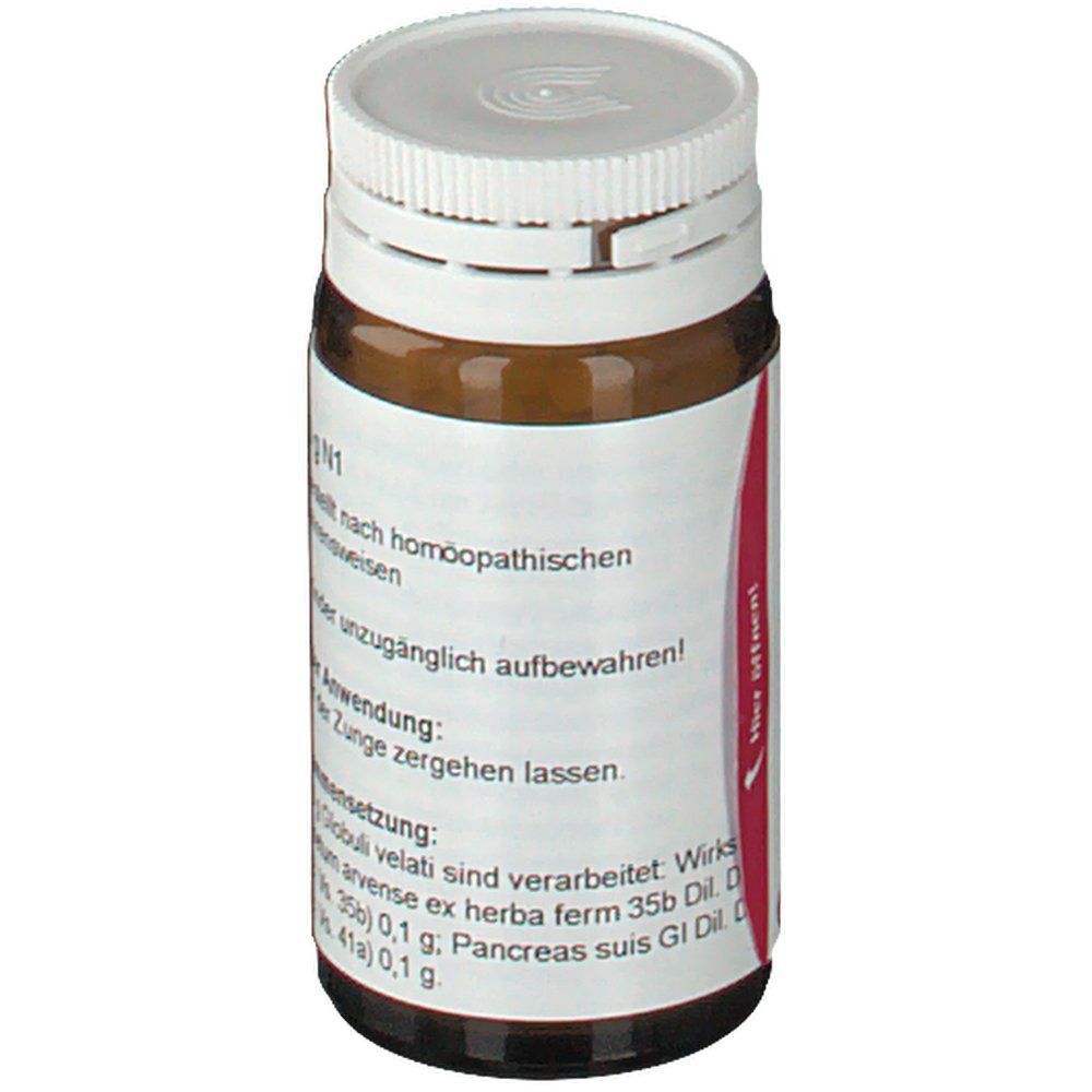 Braune Glasflasche mit weißem Deckel. Rote Etiketten mit Text und Barcode. Anwendung: Unter der Zunge zergehen lassen.