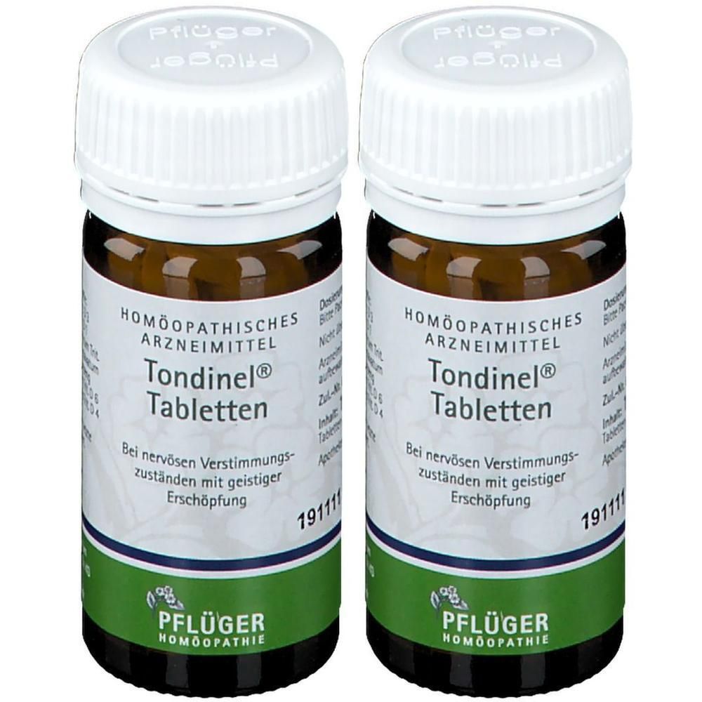 Zwei braune Glasflaschen mit weißen Deckeln. Aufschrift: Tondinel® Tabletten. Grün-weiße Etiketten mit Pflüger-Logo.