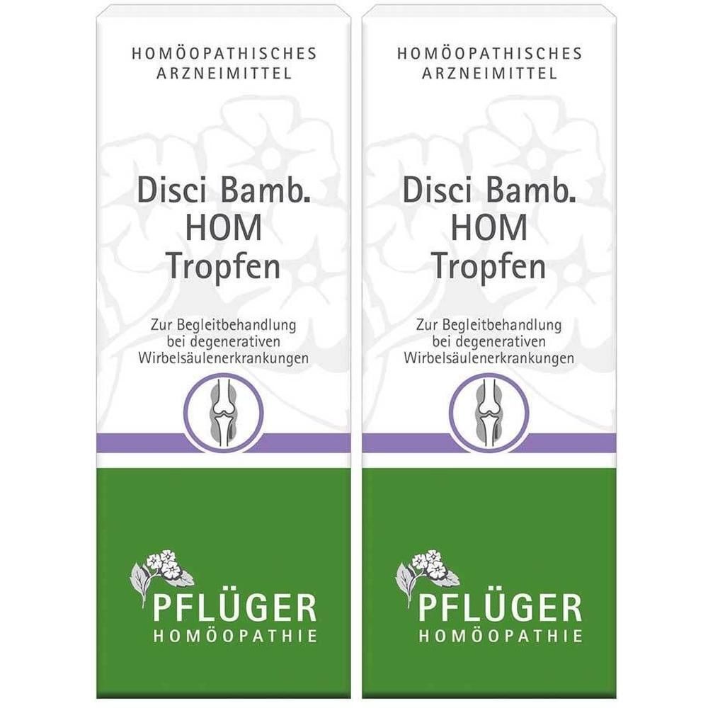 Zwei Packungen Disci Bamb. HOM Tropfen. Weißes Etikett mit grüner und violetter Schrift. Pflüger Homöopathie Logo unten.