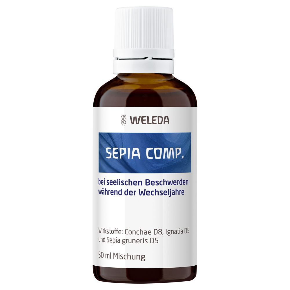 Braune Glasflasche mit weißem Deckel. Aufschrift: SEPIA COMP. bei seelischen Beschwerden während der Wechseljahre. Marke: WELEDA.